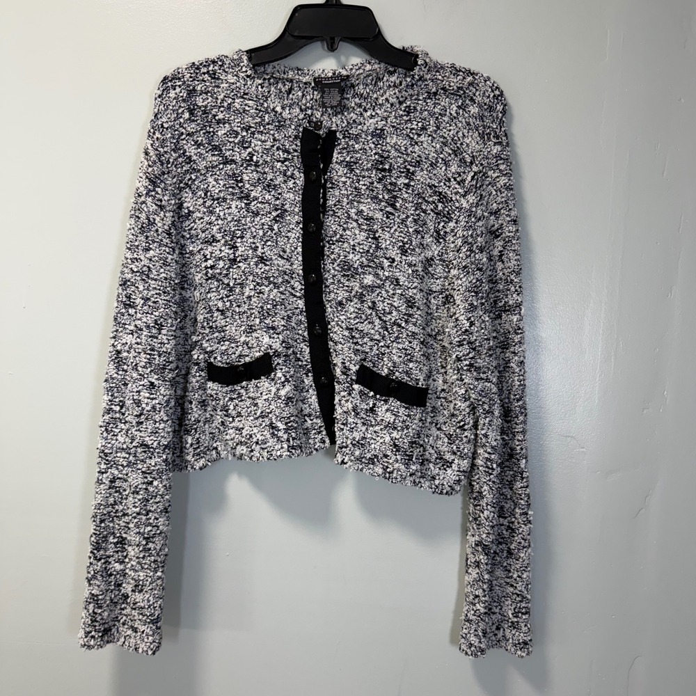 Doncaster Collection Womens Black White Boucle Knit Cardigan Sweater Jacket